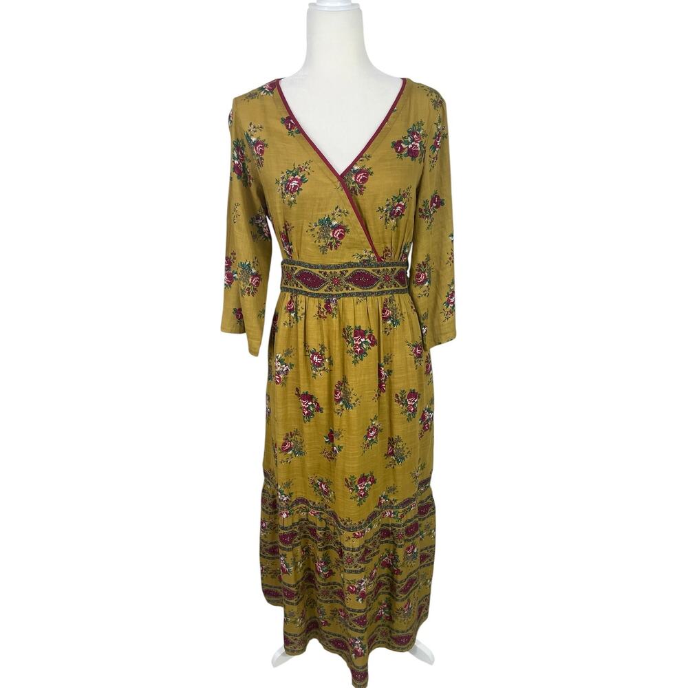 April Cornell Cotton Gauze Floral Maxi Dress Olive Green Size M Boho Ethereal